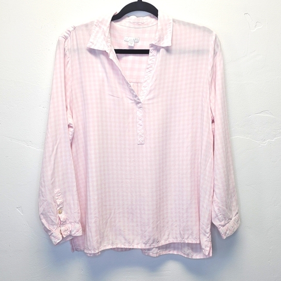 J. Jill Pink Gingham Print Collared V-Neck Long Sleeve Pullover Shirt Size M - Picture 2 of 7